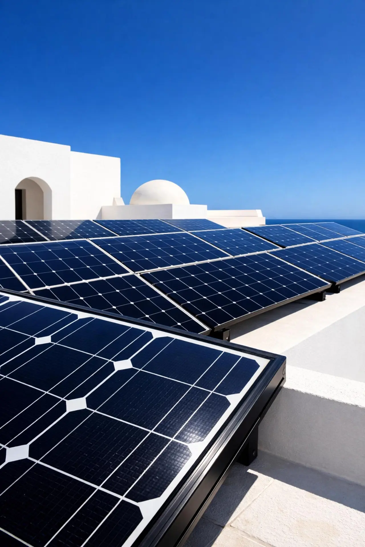 Rooftop photovoltaic panels installed on a white house under a clear blue sky